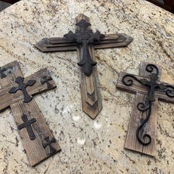 3 rustic wood and metal crosses