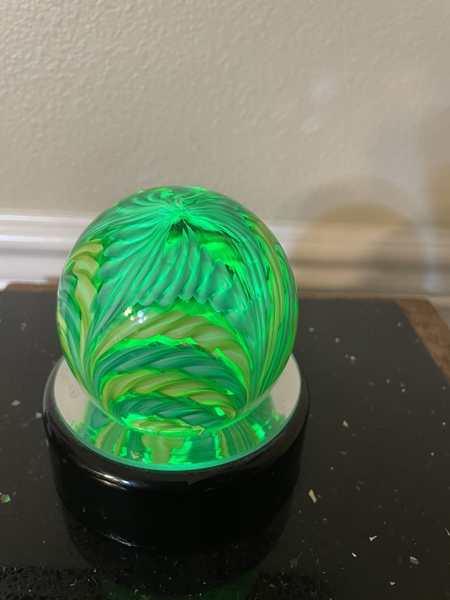 Green & Yellow Glass Paperweight 3”
