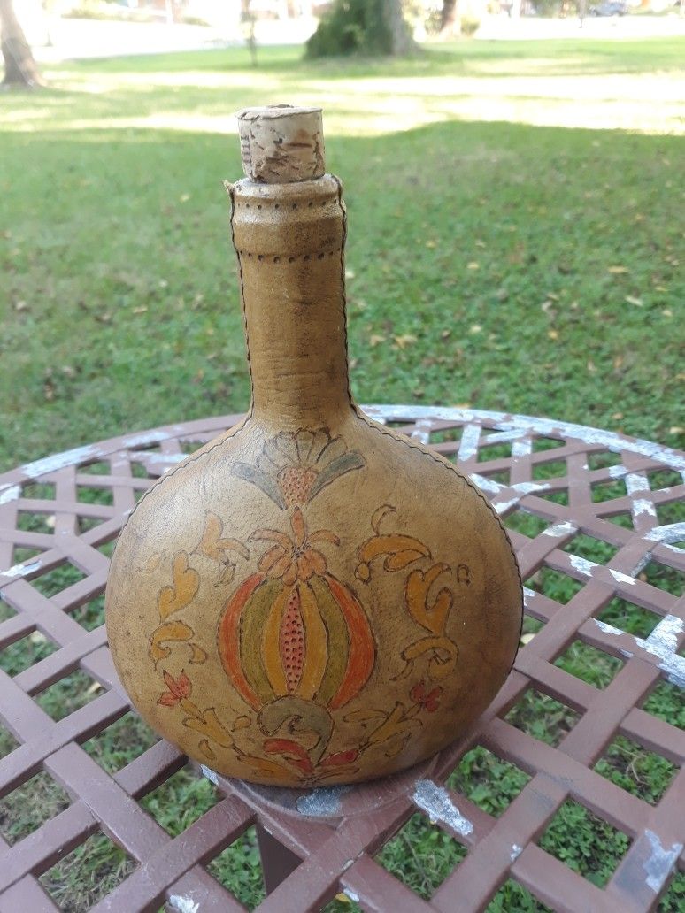 Vintage Leather Wrapped Handpainted Green Bottle Decanter 