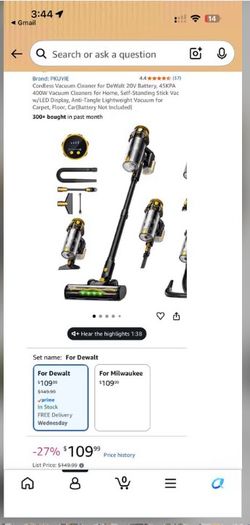 Cordless Vacuum Cleaner for DeWalt 20V Battery, 45KPA 400W Vacuum Cleaners for Home, Self-Standing S