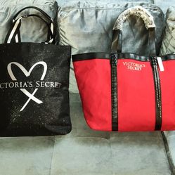 NWT VICTORIA'S SECRET BUNDLE BLACK GLITTERY TOTE & RED & BLACK LEATHER WEEKENDER