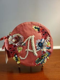 Anthropologie Anna Harlow Russo Monogram "A" Beaded Pink Leather Zipper Pouch
