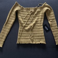 NWT Ambiance Apparel Off-Shoulder Lace-Up Mustard Color Sweater Size Large