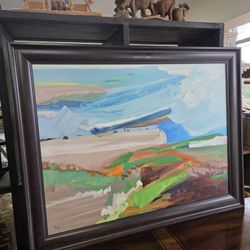 Original impressionistic oil painting by Vita Schagen titled "Field of flowers by the sea".