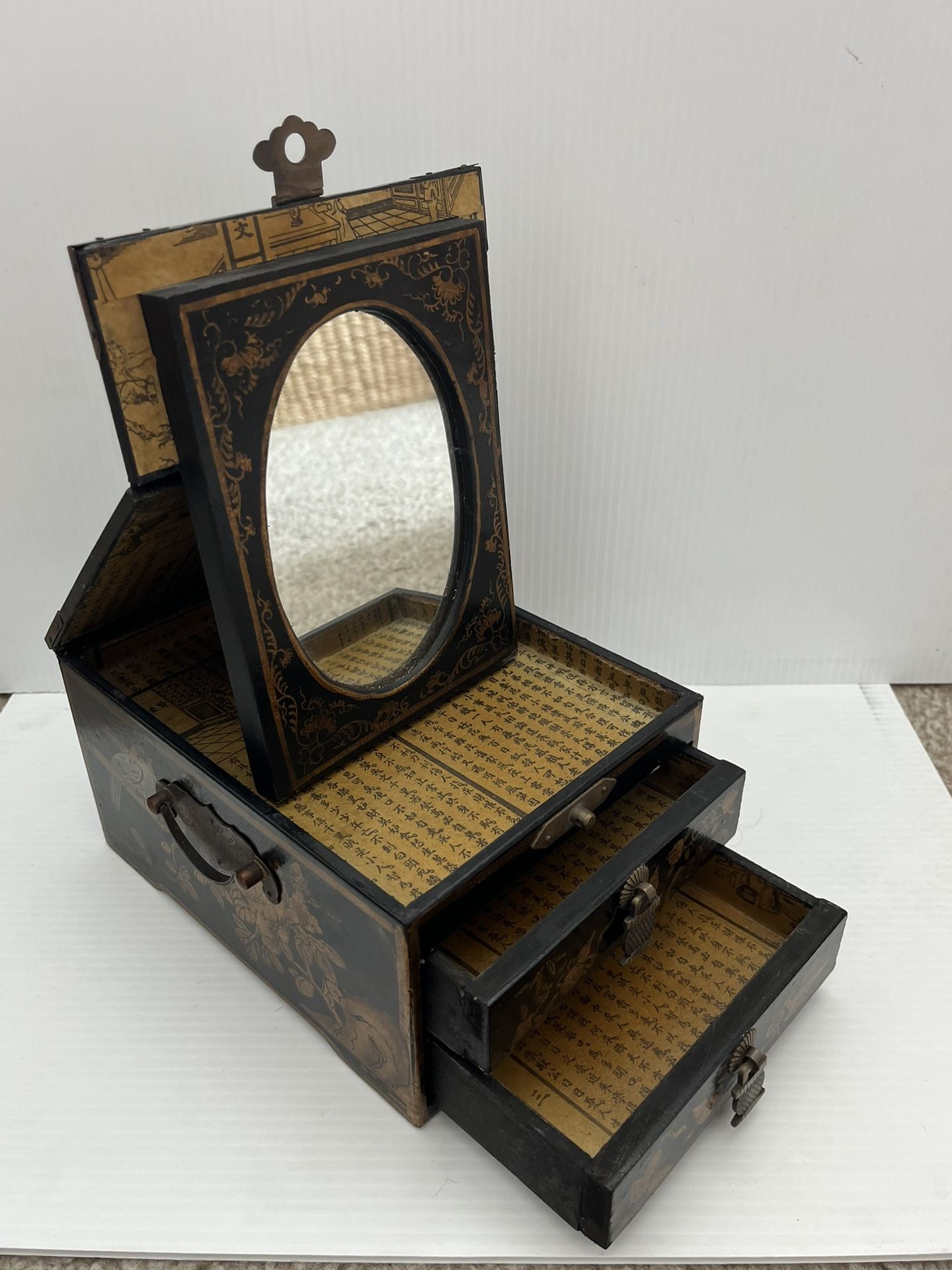 Vintage Chinese Black Wood 2 Drawer W/ Fold Away Mirror Vanity Jewelry Box