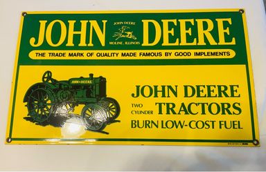 Vintage 1995 Ande Rooney John Deere Tractors Porcelain Enamel Metal Sign 1995 Farm Advertising