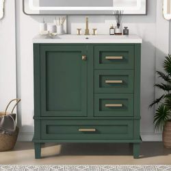 Green Bathroom Vanity with White Sink Top