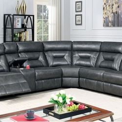 Brand New Grey Leather Reclining Sectional Sofa
