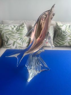 Murano glass from Italy blown glass in the shape of dolphin on top of wave 11”