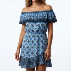 Aeropostale Boho Off Shoulder Medallion Paisley Printed Rayon Mini Dress Blue L