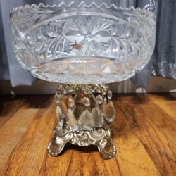 Mcm Crystal Bowl On Brass Pedestal