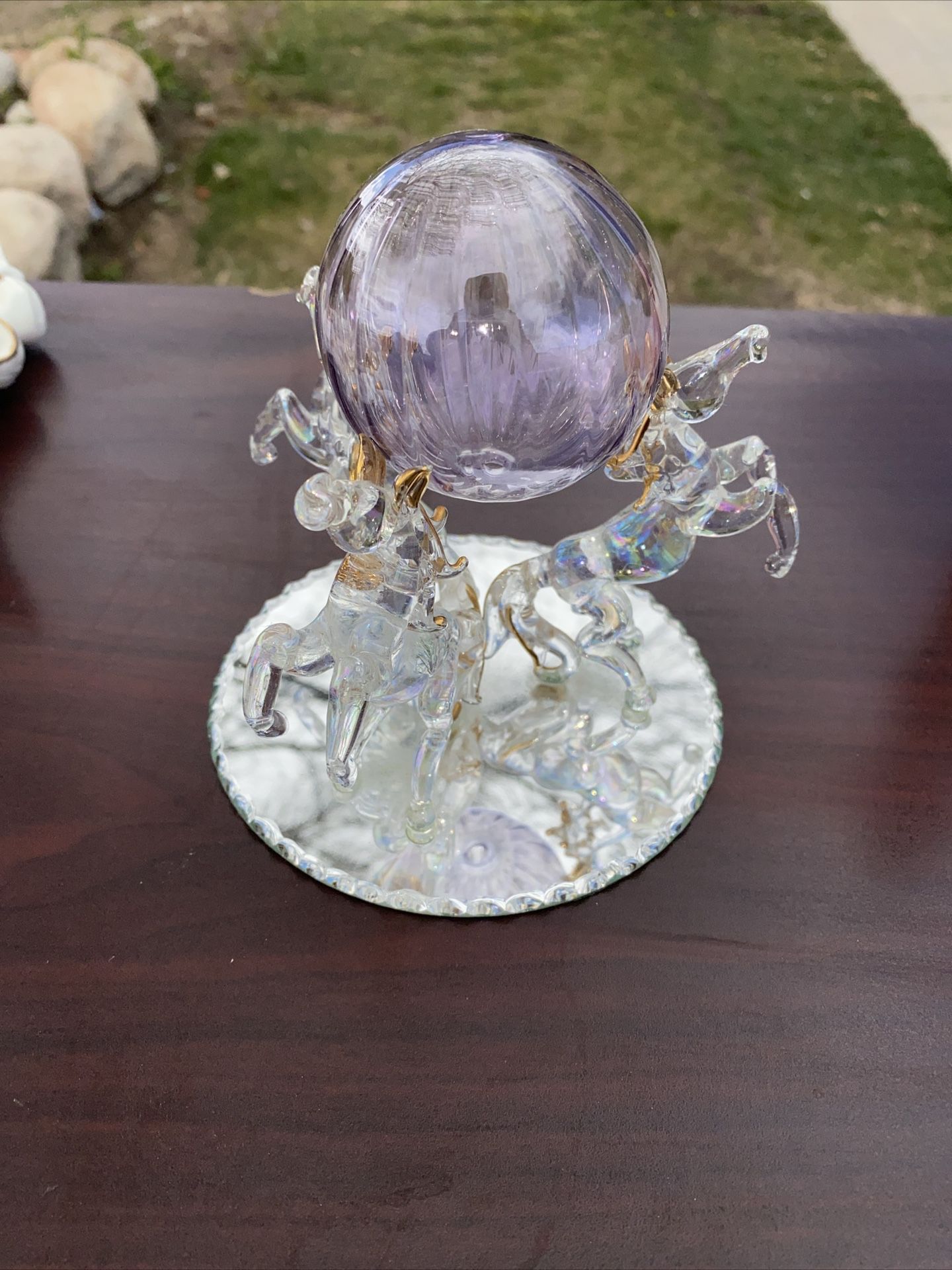 Dancing Horses With Purple Glass Globe And Mirrored Base