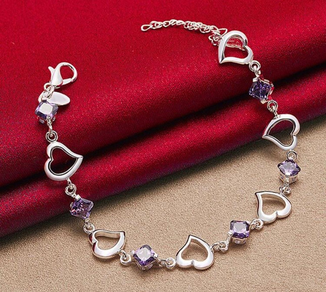 Elegant Silver-Plated Heart Bracelet with Purple AAA Cubic Zirconia π