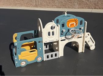 Kid’s Slide Play Structure with Bus Theme and Basketball Hoop