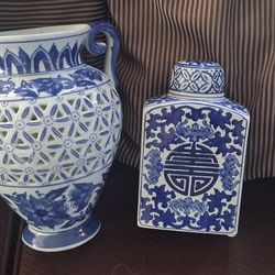 Blue Chinoiserie Ceramic Vase and Jar Decorations