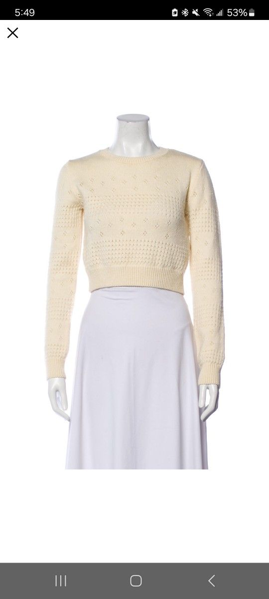 Saint Laurent Cream Pointelle Knit Crop Fisherman Sweater Light Beige XS Women