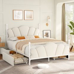 Queen Size Upholstered Storage Bed With 4 Drawers & Adjustable Headboard