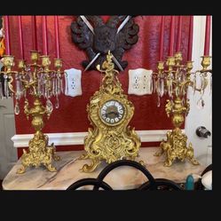 Antique Bronze Clock And Candelabras Set 