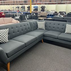 New Mid Century Sectional.  Grey, Light Grey, Green.  111” X 85”.  Free Delivery!