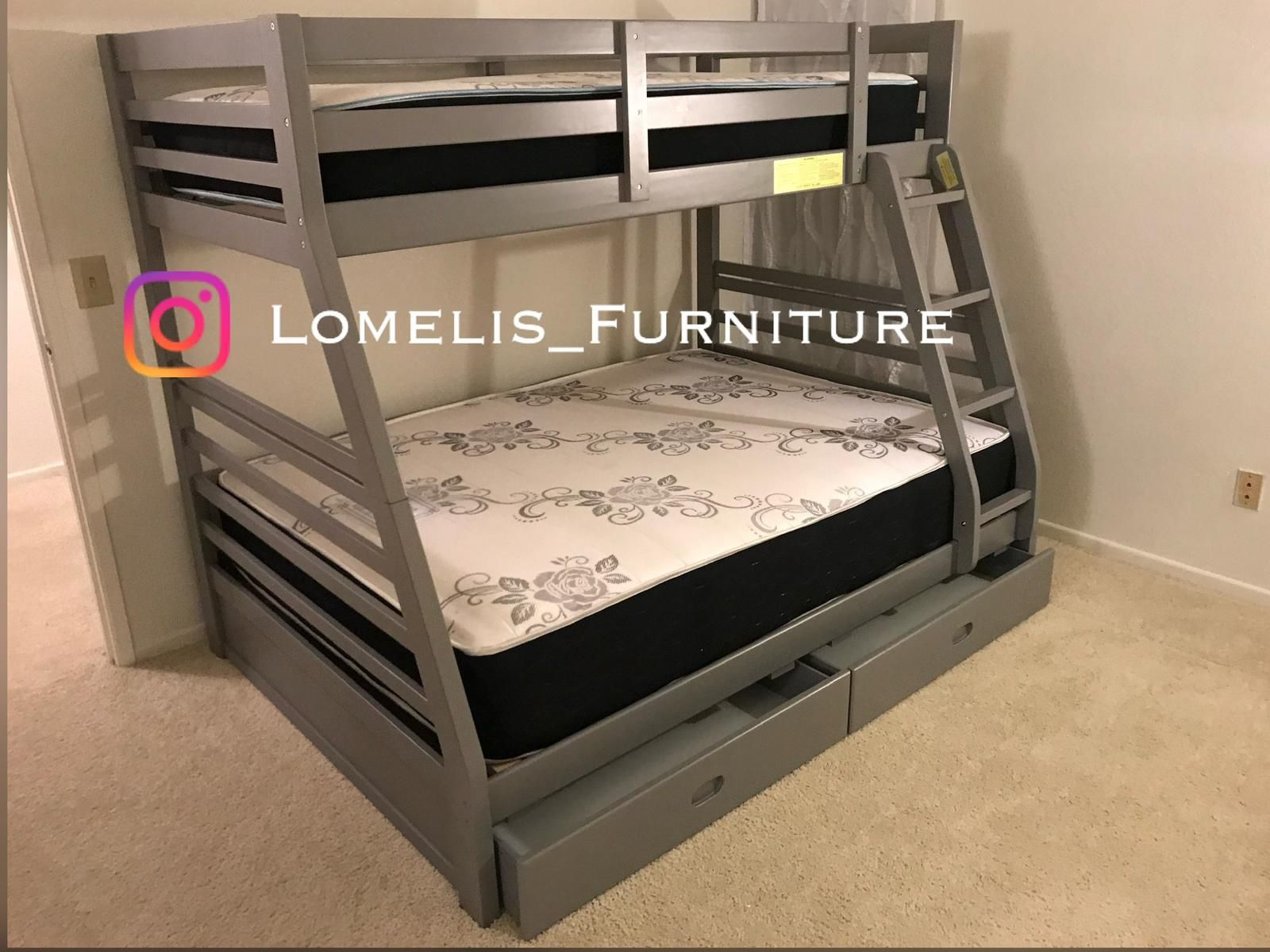Twin/Full Gray Bunk bed w. Drawers & Ortho Mattresses Included