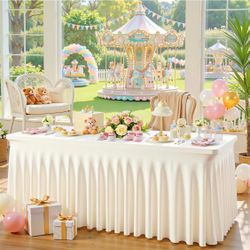 Suppromo 6ft Ivory Spandex Tablecloths For Rectangle Tables Wrinkle Free Ivory Table Cloth Rectangle Stretch Fitted Table Cover With Skirt For Wedding
