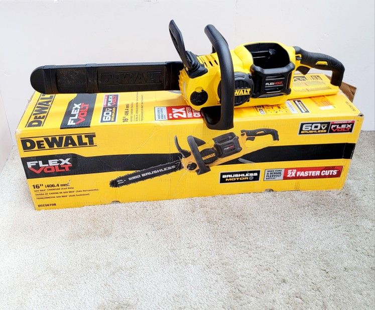 cordless chainsaw has 60V MAX FlexVolt battery system and 16-inch bar. Tool features brushless motor for high efficiency and includes protectiv