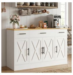 53.4" Farmhouse Buffet Cabinet with 4 X-Doors & 3 Drawers – White, New in Box