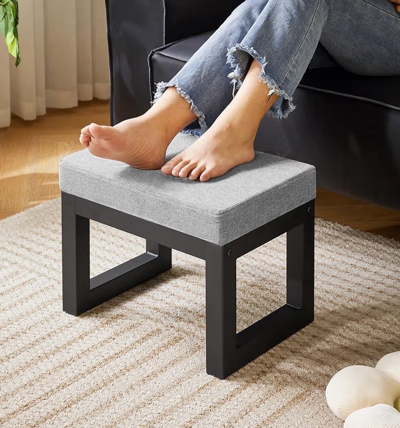 16 Inch Small Foot Stool Ottoman, Rectangle Linen Foot Rest with Padded Seat and Metal Legs, Modern Ottoman Foot
