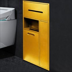 304 Stainless Steel Bathroom Niche, Hidden Trash Can Cabinet, Embedded Toilet Roll Holder, Toilet Brush Storage Rack for Bedroom Office Kitchen, Gold-