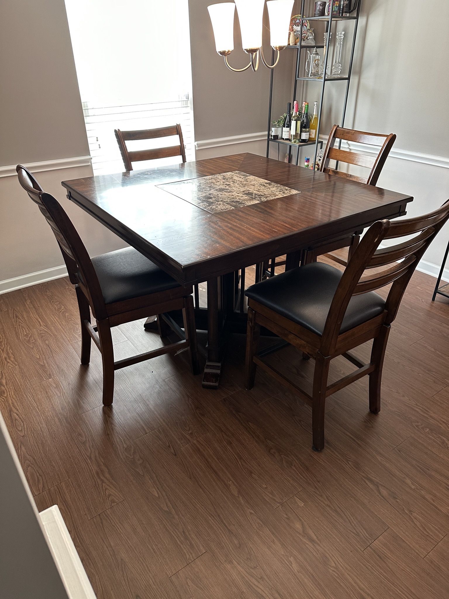 Kitchen Pub Table with Marble Inlet Swivel Pubs Stool leather Seats