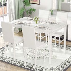 5-Piece Dining Table Set for 4 | 47.24" x 27.56" Faux Marble Kitchen Table with Upholstered Leather Chairs  5-Piece dining set (1 table + 4 chairs) pe