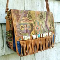 Vintage Tapestry, Denim & Genuine Leather Fringe Embellished Crossbody Bag, So Cool! 🪩