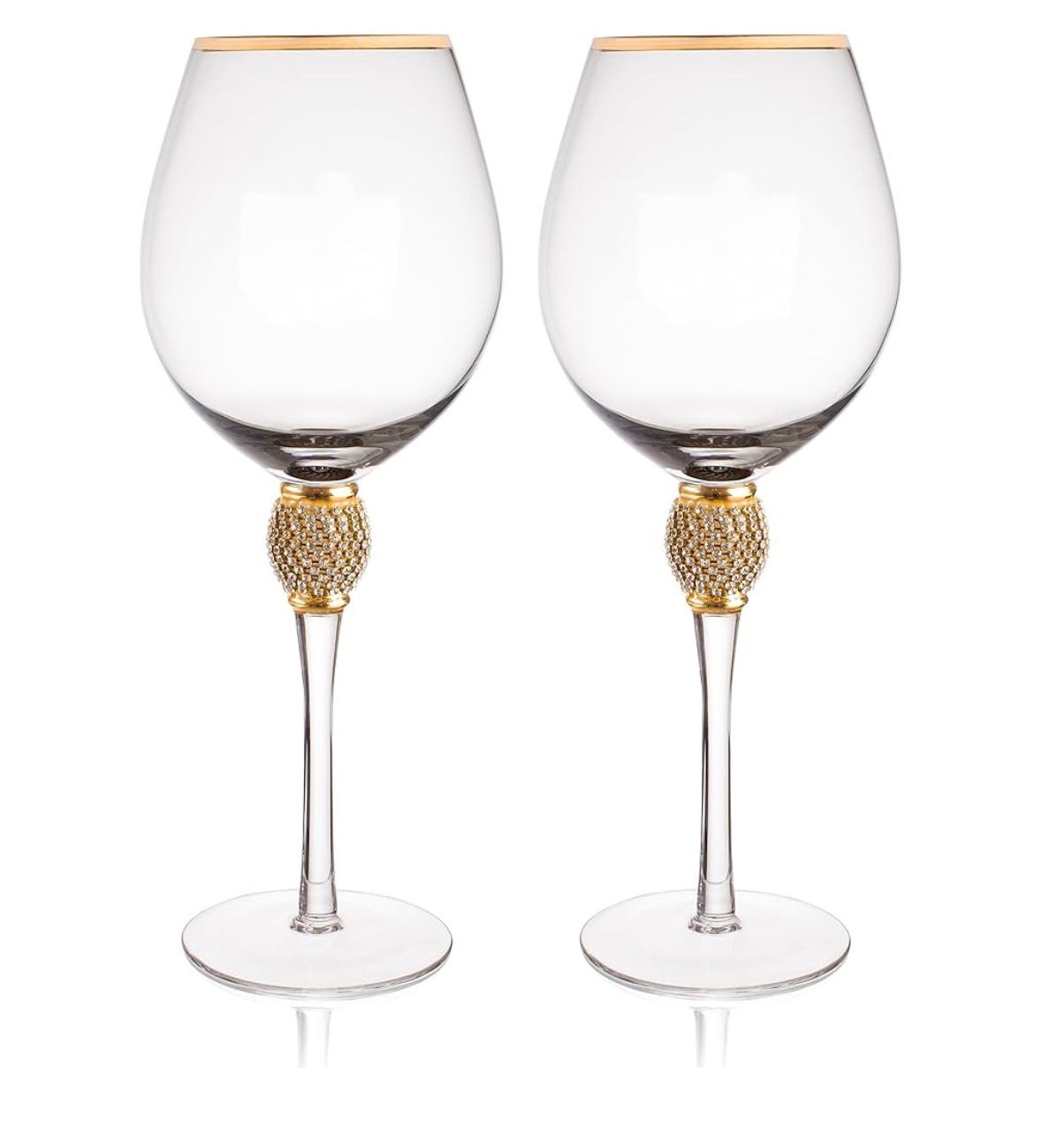 Trinkware Gold Rimmed Wine Glasses Set of 2 - Rhinestone Champagne Flutes DIAMOND Studded - Long Stem, 16oz, 10-inches Tall – Elegant Glassware And St