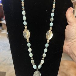 Handmade Genuine Larimar, Genuine Swarovski Crystals And Real Silver Necklace 