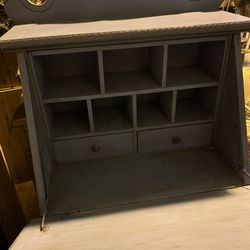Vintage Secretary Pulldown Desk Solid Wood Blue Gray
