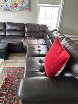 Brown genuine leather L shaped sofa