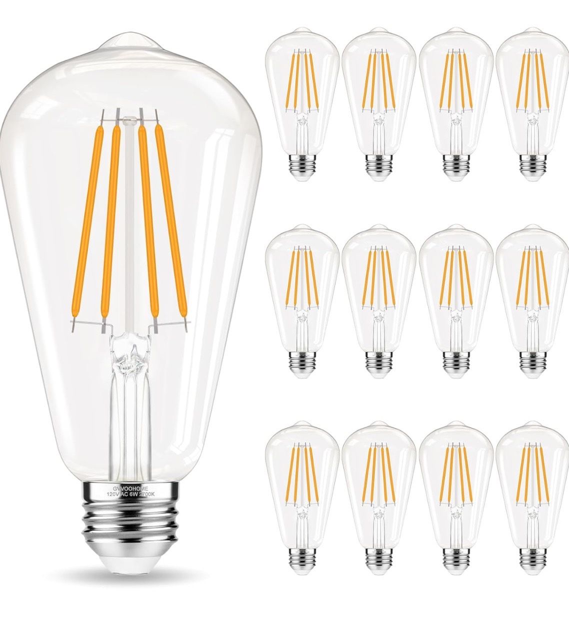 Edison Bulbs, E26 LED Bulb 60 watt Non-Dimmable, Soft White 2700K, ST58 Vintage Light Bulbs, 90+ CRI, 6W 600LM, E26 Medium Base, Clear Glass, 12 Pack