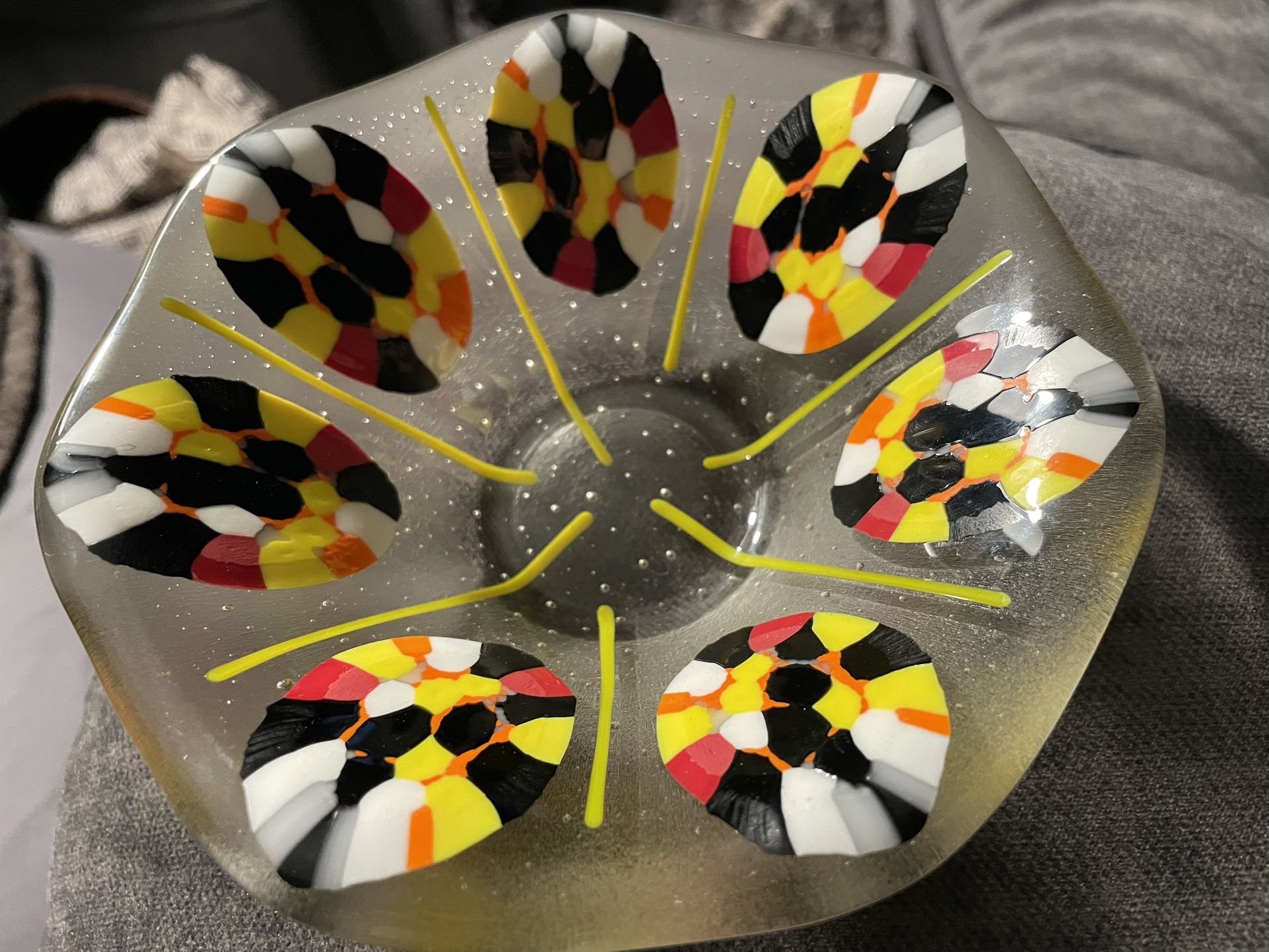 Fused Hand Made glass art bowl Signed DeAngeles On Bottom