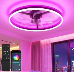 RGB Ceiling Fan with Light and Remote,24" Fandelier Smart Ceiling Fan,Black Low Profile Ceiling Fan with Light, Dimmable Flush Mount Ceiling Fan, Mode