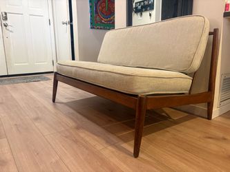 Vintage Swedish Mid-Century Modern Spindle-Back Loveseat – Made in Sweden – Refinished – New Linen Cushions – $1,295