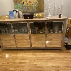 Sideboard/ Server With Storage Washed Natural Glass Doors 2 Shelves Each Door Gold Trim Details 