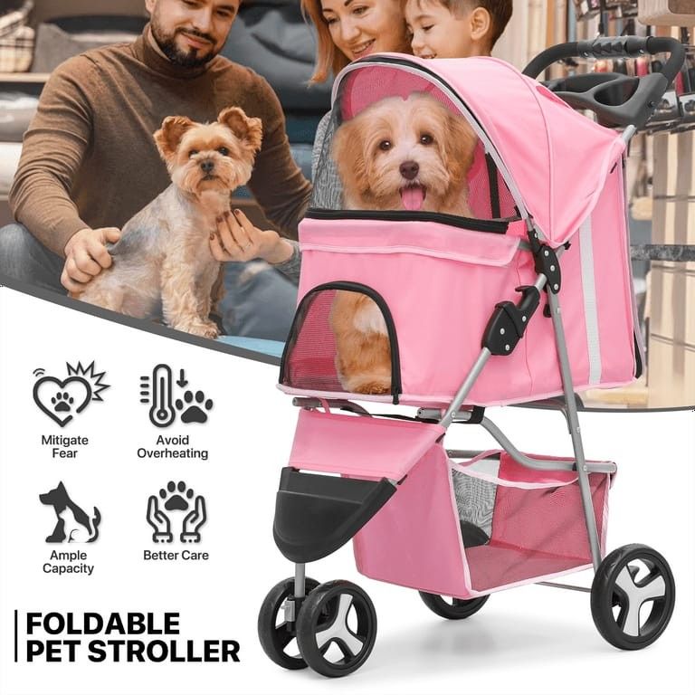 Pet Dog Stroller with Wheels, Foldable Cat Dog Stroller with Storage Basket and Cup Holder for Small and Medium Cats, Dogs, Puppy