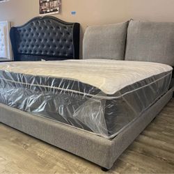 Queen Size Bed Grey Puffy Pillow Bedframe 