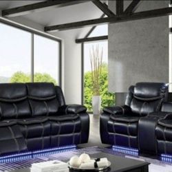Brand New Black Breathable Leatherette Power Recliners Built in LEDs Cup Holders, Built-in Reading Light in Love Seat USB Charger Sofa And Love Seat
