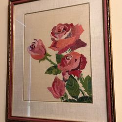 Vintage Roses Crewel Artwork Framed
