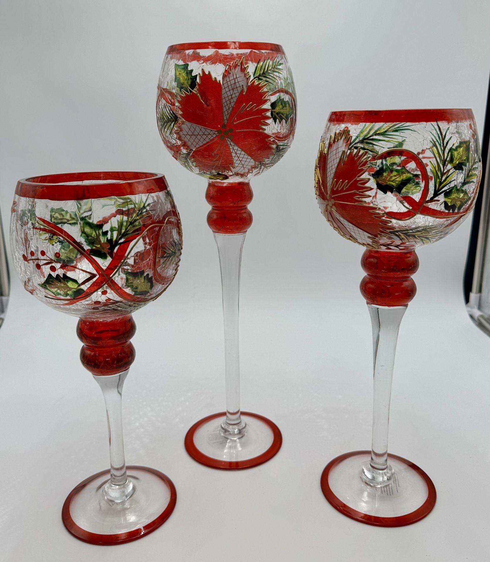 Set of 3 Handpainted Christmas Poinsettia Glass Candle Holders
