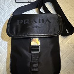 Prada Logo Tracolla Pattina Leather Nylon Crossbody Bag