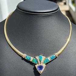 Antique Jewelry 14k solid yellow gold butterfly opal natural diamond tanzanite 25.00CTW necklace chain 16.00" 8.00mm width