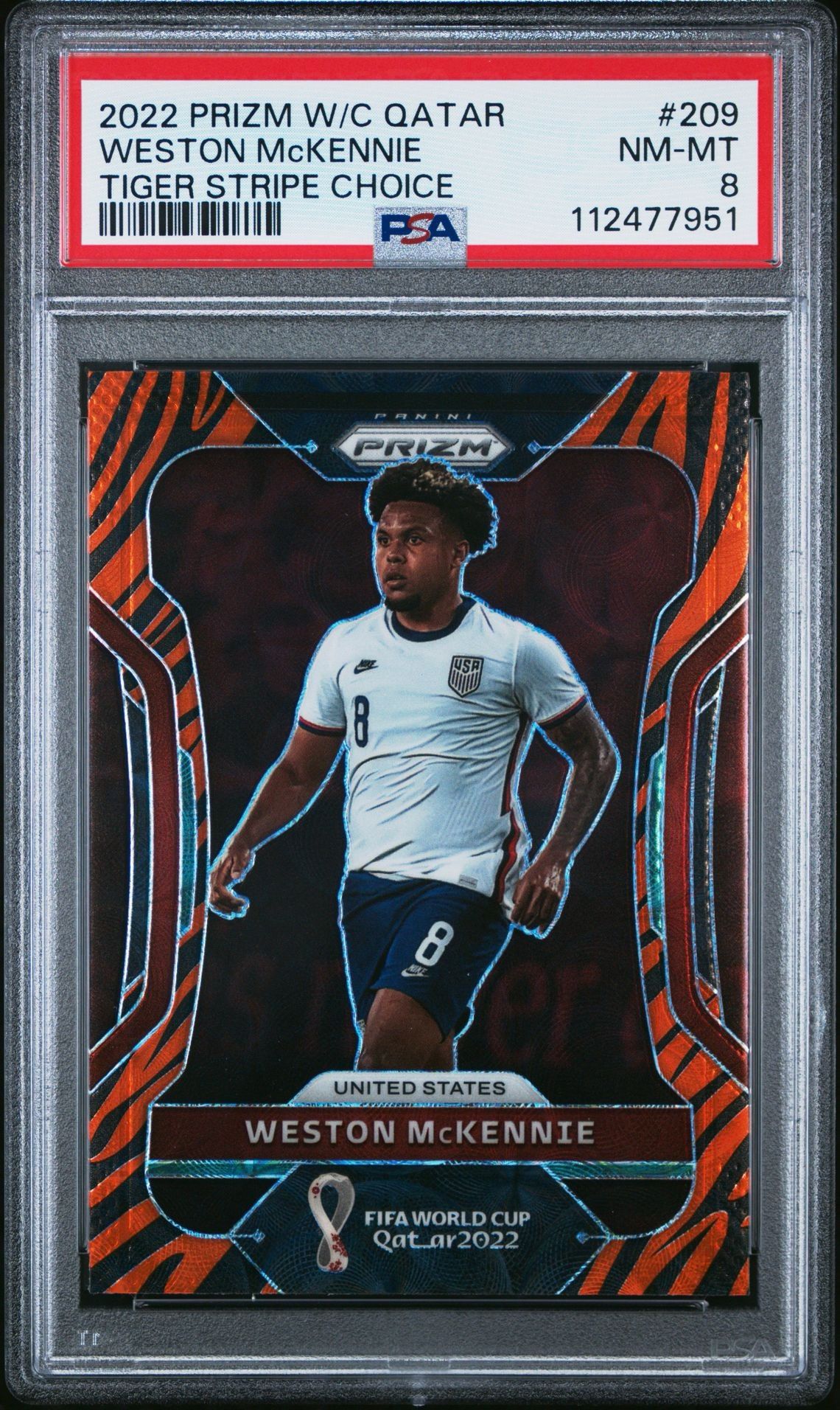 2022 Prizm Weston McKennie WC Qatar Tiger Stripe Choice #209 PSA 8 USA