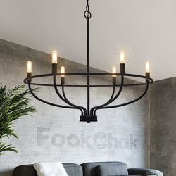 FookChak Black Dining Room Light Fixture, 6-Light Farmhouse Black Chandelier For Bedroom Metal Candle Chandeliers Hanging Lighting For Kitchen Living 